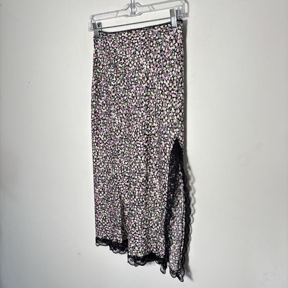 Floral Satin Slip Skirt Lace Slit Size 2 - Picture 2 of 6